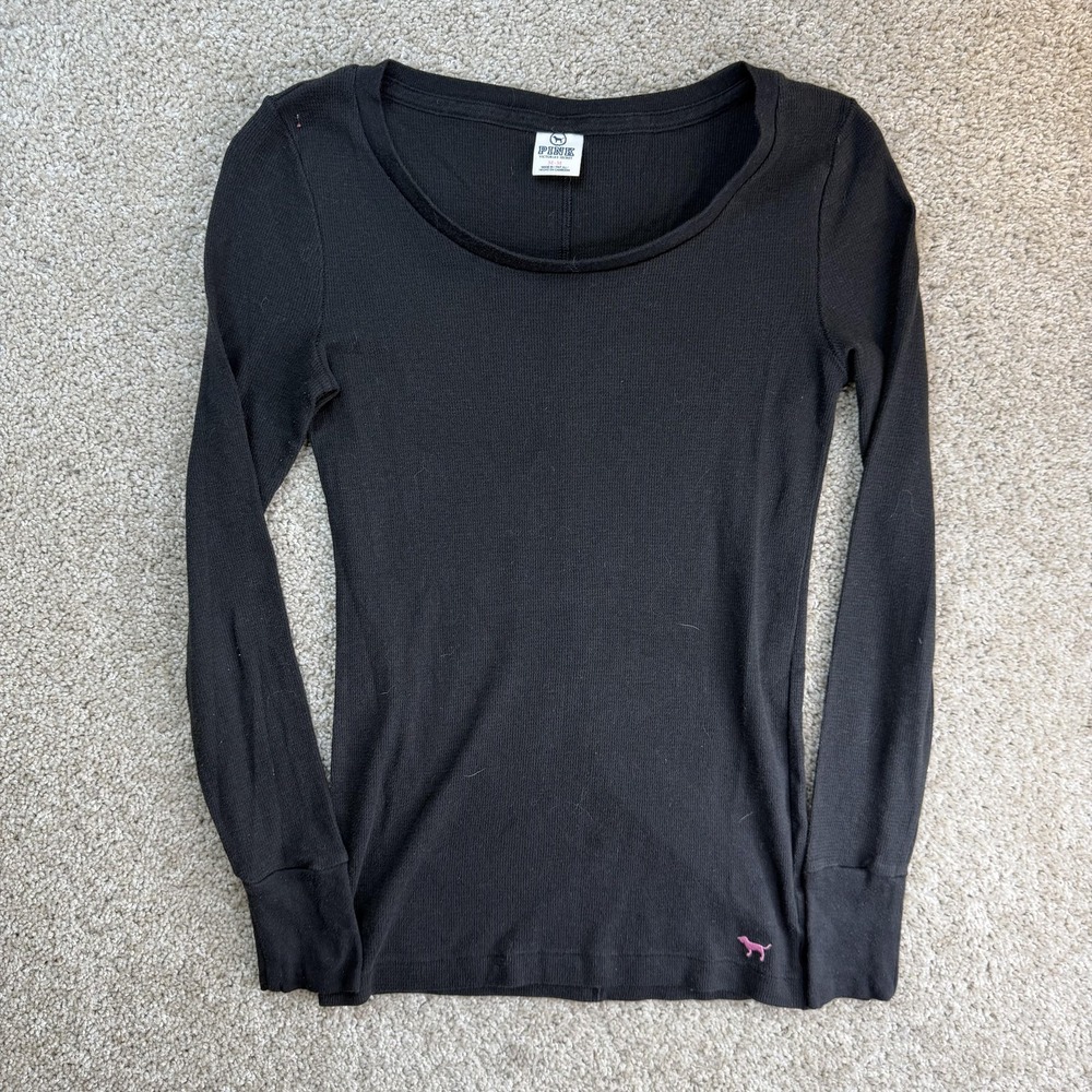 PINK Victoria's Secret Shirt Womens M Black Scoop Neck Long Sleeve Thermal Top
